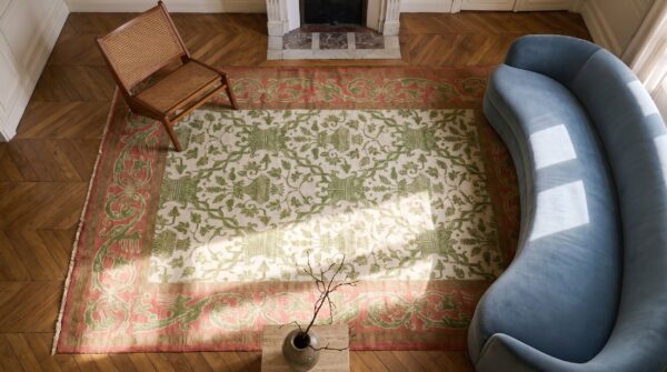 Rectangle hand knotted pile wool ivory beige cream white antique allover floral 1930s rug (sku 20950) - styled overhead view