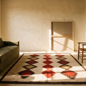 Rectangle Ivory Beige Cream White Allover Geometric 1930s Wool Flat Weave Antique Rug (SKU 20332) - room view