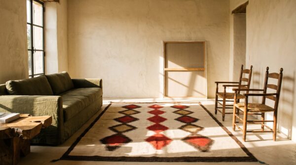 Rectangle ivory beige cream white allover geometric 1930s wool flat weave antique rug 11 Rectangle ivory beige cream white allover geometric 1930s wool flat weave antique rug (sku 20332) - room view