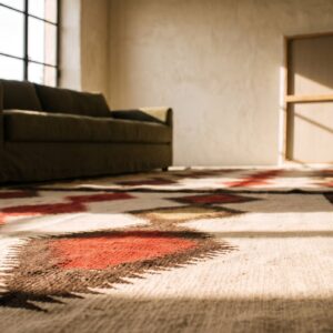 Rectangle Ivory Beige Cream White Allover Geometric 1930s Wool Flat Weave Antique Rug (SKU 20332) - in-room detail