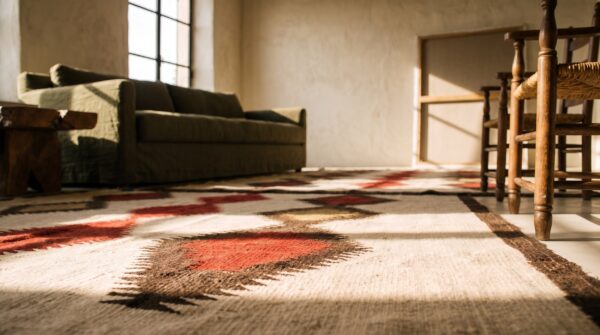 Rectangle ivory beige cream white allover geometric 1930s wool flat weave antique rug 12 Rectangle ivory beige cream white allover geometric 1930s wool flat weave antique rug (sku 20332) - in-room detail
