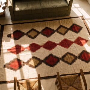 Rectangle Ivory Beige Cream White Allover Geometric 1930s Wool Flat Weave Antique Rug (SKU 20332) - styled overhead view