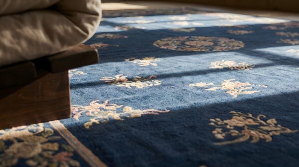 Wool rectangle large antique blue 1890s hand knotted pile rug 11 Wool rectangle large antique blue 1890s hand knotted pile rug (sku 22934) - in-room detail