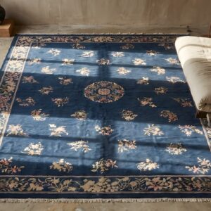 Wool Rectangle Large Antique Blue 1890s Hand Knotted Pile Rug (SKU 22934) - styled overhead view