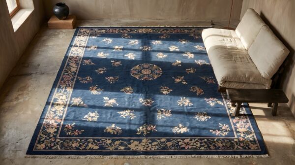 Wool rectangle large antique blue 1890s hand knotted pile rug 2 Wool rectangle large antique blue 1890s hand knotted pile rug (sku 22934) - styled overhead view