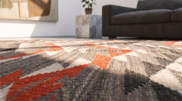 Rectangle navajo antique wool small scatter size 1930s american gray flat weave rug 6 Rectangle navajo antique wool small scatter size 1930s american gray flat weave rug (sku 21558) - in-room detail