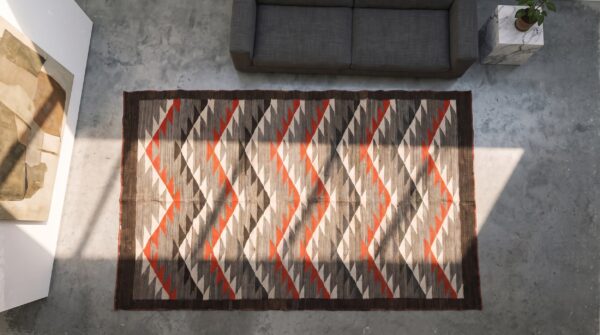 Rectangle navajo antique wool small scatter size 1930s american gray flat weave rug 2 Rectangle navajo antique wool small scatter size 1930s american gray flat weave rug (sku 21558) - styled overhead view