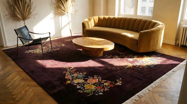 Hand knotted pile wool rectangle purple 1920s antique rug 7 Hand knotted pile wool rectangle purple 1920s antique rug (sku 24327) - room view