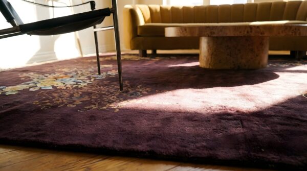 Hand knotted pile wool rectangle purple 1920s antique rug 8 Hand knotted pile wool rectangle purple 1920s antique rug (sku 24327) - in-room detail