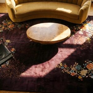 Hand Knotted Pile Wool Rectangle Purple 1920s Antique Rug (SKU 24327) - styled overhead view