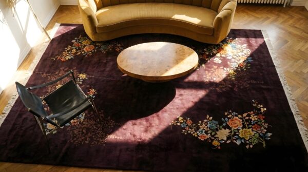 Hand knotted pile wool rectangle purple 1920s antique rug 2 Hand knotted pile wool rectangle purple 1920s antique rug (sku 24327) - styled overhead view