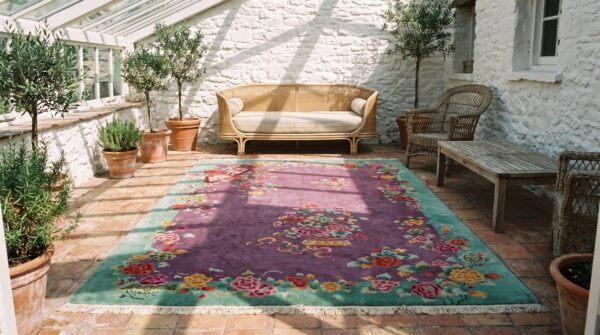 Rectangle purple 1920s antique room size chinese wool - art deco knotted rug 5 Rectangle purple 1920s antique room size chinese wool - art deco knotted rug (sku 22645) - room view