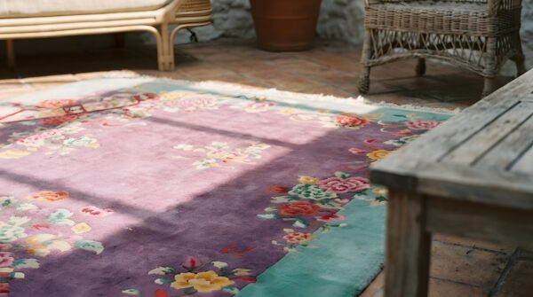 Rectangle purple 1920s antique room size chinese wool - art deco knotted rug 6 Rectangle purple 1920s antique room size chinese wool - art deco knotted rug (sku 22645) - in-room detail