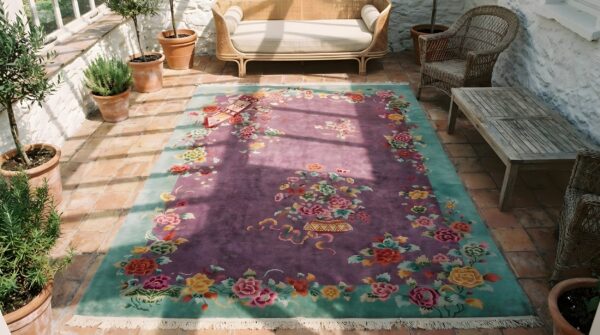 Rectangle purple 1920s antique room size chinese wool - art deco knotted rug 2 Rectangle purple 1920s antique room size chinese wool - art deco knotted rug (sku 22645) - styled overhead view
