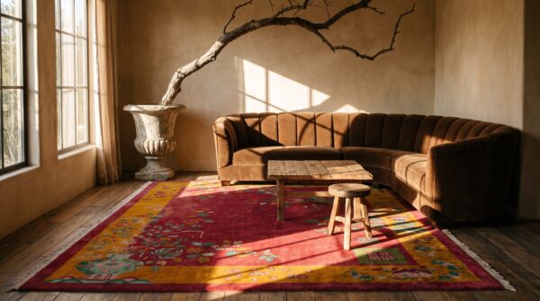 Wool rectangle red 1920s floral antique hand knotted pile rug 8 Wool rectangle red 1920s floral antique hand knotted pile rug (sku 25484) - room view