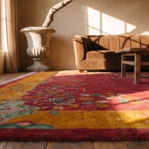 Wool Rectangle Red 1920s Floral Antique Hand Knotted Pile Rug (SKU 25484) - in-room detail