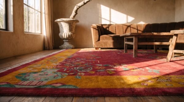 Wool rectangle red 1920s floral antique hand knotted pile rug 9 Wool rectangle red 1920s floral antique hand knotted pile rug (sku 25484) - in-room detail