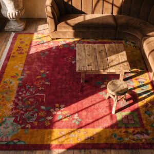 Wool Rectangle Red 1920s Floral Antique Hand Knotted Pile Rug (SKU 25484) - styled overhead view