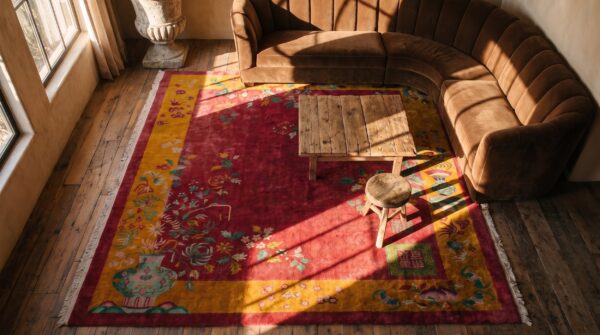 Wool rectangle red 1920s floral antique hand knotted pile rug 2 Wool rectangle red 1920s floral antique hand knotted pile rug (sku 25484) - styled overhead view