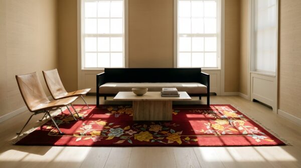 Knotted rectangle wool red antique 1920s small scatter size chinese - art deco rug 6 Knotted rectangle wool red antique 1920s small scatter size chinese - art deco rug (sku 21667) - room view