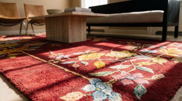 Knotted rectangle wool red antique 1920s small scatter size chinese - art deco rug 7 Knotted rectangle wool red antique 1920s small scatter size chinese - art deco rug (sku 21667) - in-room detail