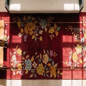 Knotted Rectangle Wool Red Antique 1920s Small Scatter Size Chinese - Art Deco Rug (SKU 21667) - styled overhead view
