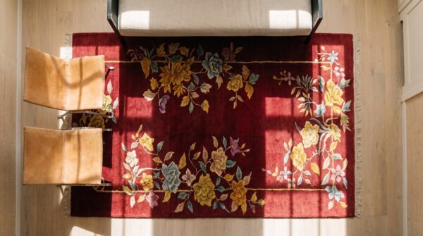 Knotted rectangle wool red antique 1920s small scatter size chinese - art deco rug 2 Knotted rectangle wool red antique 1920s small scatter size chinese - art deco rug (sku 21667) - styled overhead view