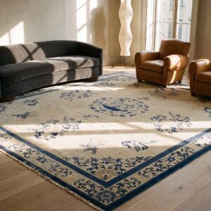 Rectangle Antique Knotted Wool Room Size 1920s Chinese - Peking Ivory Rug (SKU 23313) - room view