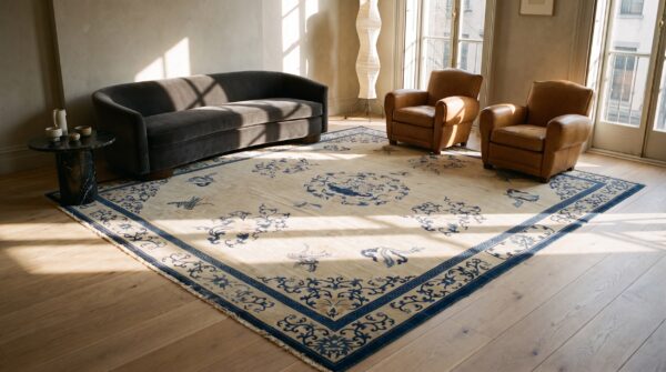 Rectangle antique knotted wool room size 1920s chinese - peking ivory rug 8 Rectangle antique knotted wool room size 1920s chinese - peking ivory rug (sku 23313) - room view