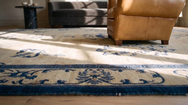 Rectangle antique knotted wool room size 1920s chinese - peking ivory rug 9 Rectangle antique knotted wool room size 1920s chinese - peking ivory rug (sku 23313) - in-room detail