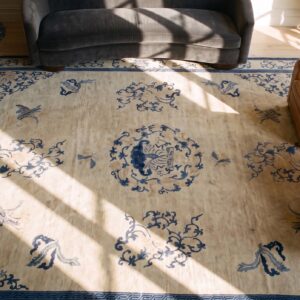 Rectangle Antique Knotted Wool Room Size 1920s Chinese - Peking Ivory Rug (SKU 23313) - styled overhead view