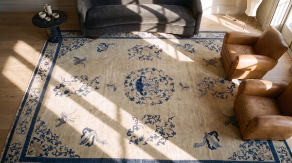 Rectangle antique knotted wool room size 1920s chinese - peking ivory rug 2 Rectangle antique knotted wool room size 1920s chinese - peking ivory rug (sku 23313) - styled overhead view