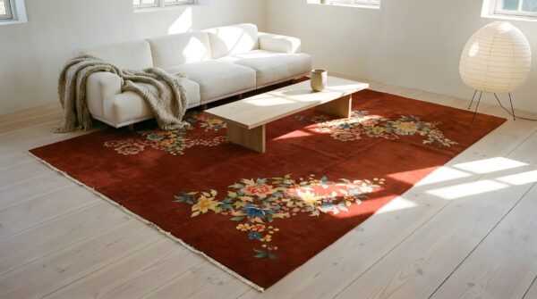 Rectangle room size 1930s red knotted chinese - art deco antique wool rug 7 Rectangle room size 1930s red knotted chinese - art deco antique wool rug (sku 25425) - room view