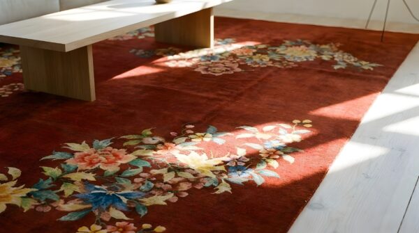 Rectangle room size 1930s red knotted chinese - art deco antique wool rug 8 Rectangle room size 1930s red knotted chinese - art deco antique wool rug (sku 25425) - in-room detail