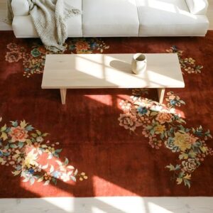 Rectangle Room Size 1930s Red Knotted Chinese - Art Deco Antique Wool Rug (SKU 25425) - styled overhead view
