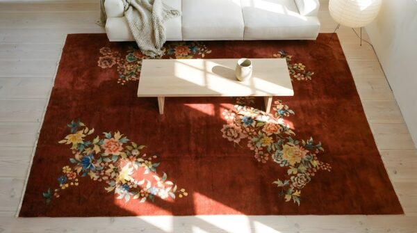 Rectangle room size 1930s red knotted chinese - art deco antique wool rug 2 Rectangle room size 1930s red knotted chinese - art deco antique wool rug (sku 25425) - styled overhead view