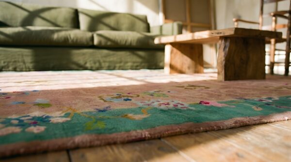 Wool rectangle room size coral antique chinese 1920s knotted - art deco rug 9 Wool rectangle room size coral antique chinese 1920s knotted - art deco rug (sku 22270) - in-room detail