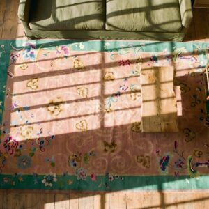 Wool Rectangle Room Size Coral Antique Chinese 1920s Knotted - Art Deco Rug (SKU 22270) - styled overhead view
