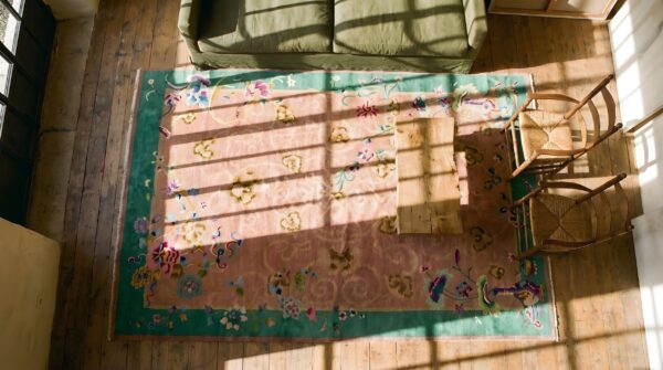 Wool rectangle room size coral antique chinese 1920s knotted - art deco rug 2 Wool rectangle room size coral antique chinese 1920s knotted - art deco rug (sku 22270) - styled overhead view