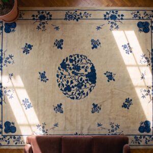 Knotted Rectangle Wool Room Size Ivory Chinese 1890s - Peking Antique Rug (SKU 23425) - styled overhead view