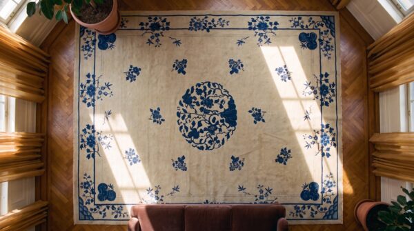Knotted rectangle wool room size ivory chinese 1890s - peking antique rug (sku 23425) - styled overhead view