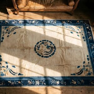 Rectangle Room Size Ivory Chinese - Peking 1920s Wool Knotted Antique Rug (SKU 23156) - styled overhead view