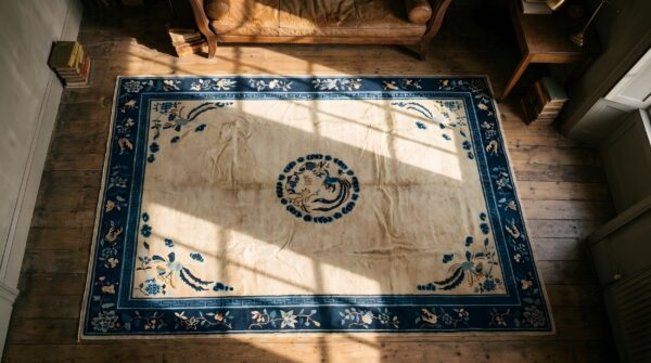 Rectangle room size ivory chinese - peking 1920s wool knotted antique rug 2 Rectangle room size ivory chinese - peking 1920s wool knotted antique rug (sku 23156) - styled overhead view