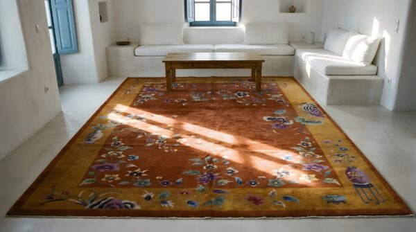 Rectangle yellow 1920s hand knotted pile wool antique rug (sku 24941) - room view