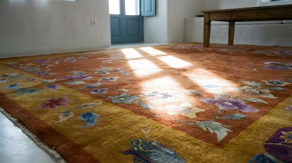 Rectangle yellow 1920s hand knotted pile wool antique rug (sku 24941) - in-room detail