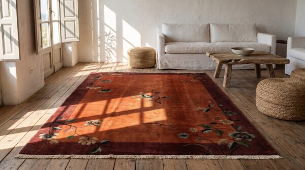 Antique red knotted wool 1920s chinese art deco small scatter rug 12 Antique red knotted wool 1920s chinese art deco small scatter rug (sku 22449) - room view