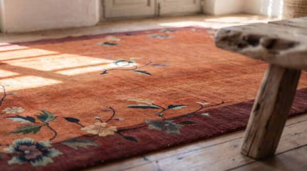 Antique red knotted wool 1920s chinese art deco small scatter rug 13 Antique red knotted wool 1920s chinese art deco small scatter rug (sku 22449) - in-room detail