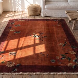 Antique Red Knotted Wool 1920s Chinese Art Deco Small Scatter Rug (SKU 22449) - styled overhead view