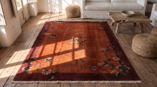 Antique red knotted wool 1920s chinese art deco small scatter rug 2 Antique red knotted wool 1920s chinese art deco small scatter rug (sku 22449) - styled overhead view