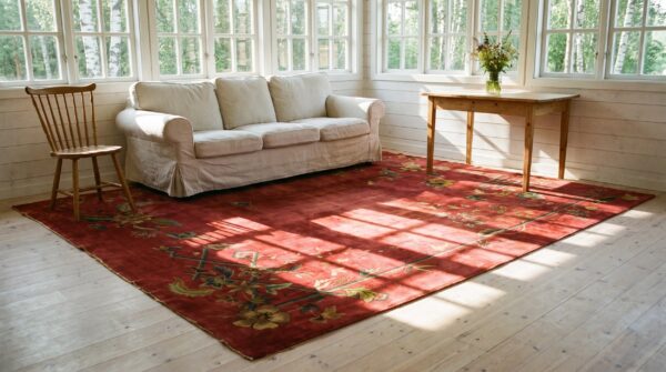 Hand knotted pile red wool antique 1920s rectangle chinese art deco rug 7 Hand knotted pile red wool antique 1920s rectangle chinese art deco rug (sku 24687) - room view